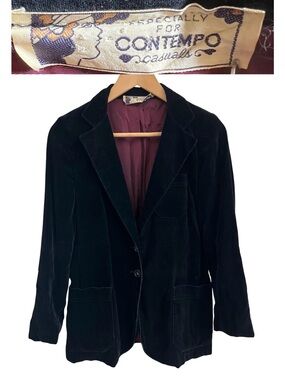 VTG 1970s Contempo Casuals Black Velvet Blazer w Pockets Classic Vampy Goth Sz S